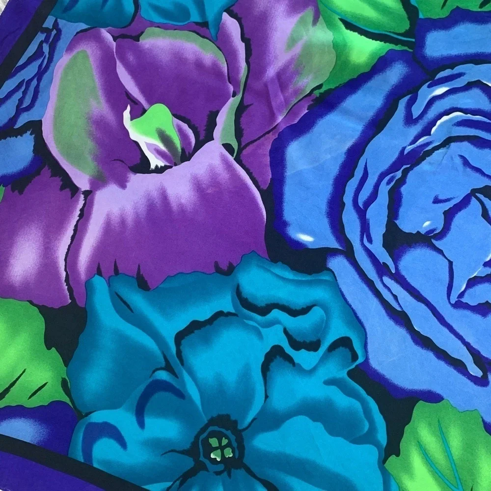Ellen Tracy silk scarf blue purple and green floral print 34” square